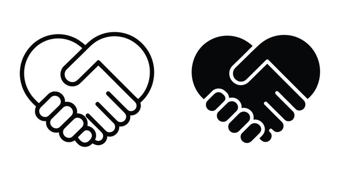 Teamwork handshake illustration, heart symbol combined with joined hands in clean monochrome design, ideal for charity, collaboration, and relationship concepts.