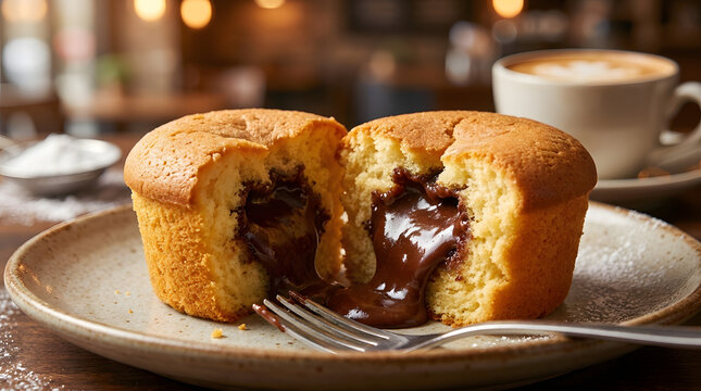 Chocolate filled muffin on plate.