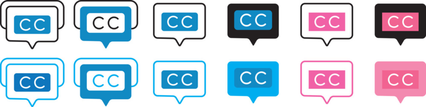 Premium closed caption and subtitle icon set, featuring universal CC symbols for professional communication and web accessibility.
