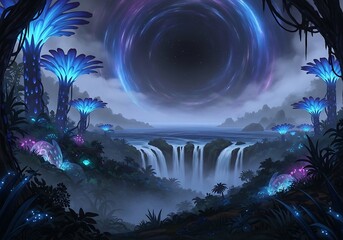 Fototapeta premium Fantasy landscape with glowing trees and waterfall beneath a cosmic portal