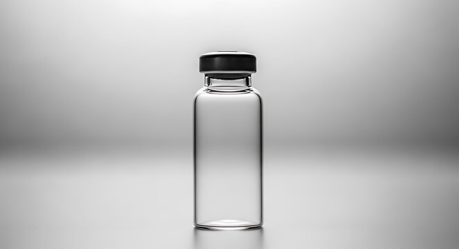 A clear glass vial with a black cap on a gray background