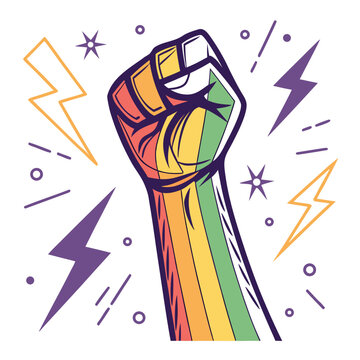 Raised rainbow fist with lightning bolt symbols.