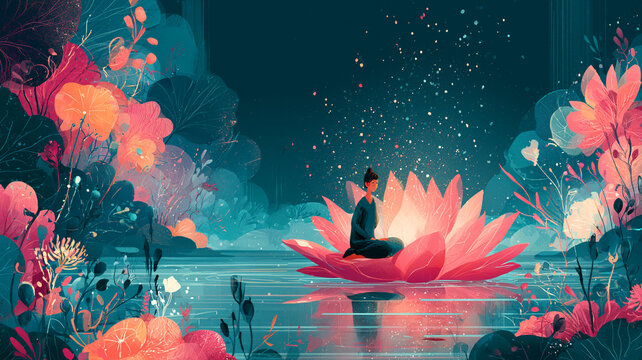 水辺と花々に囲まれた空間で座禅を組む仏像や人物を表現した幻想イラスト、月、山、雲、湖、自然との一体感、瞑想空間、自己対話、心象風景、祈願、余白、安息、夜、マインドフルネス、ヨガ、仏教、精神世界、自然風景、水面、蓮、癒やし、祈り、静かな時間、シルエット、アート、スピリチュアル、心の調和、集中、呼吸、ヒーリング、精神統一、内観、覚醒、安らぎ、静寂、自己啓発、リラクゼーション、背景、広告、挿絵、商用利用