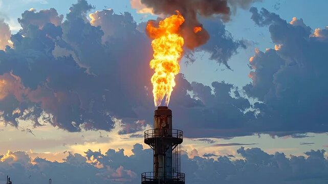 A tall industrial flare stack burning bright flames against a cloudy sunset sky