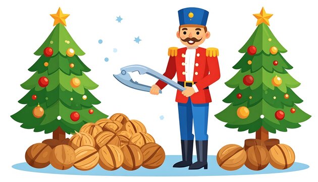 Cartoon nutcracker cracking nuts Christmas scene.