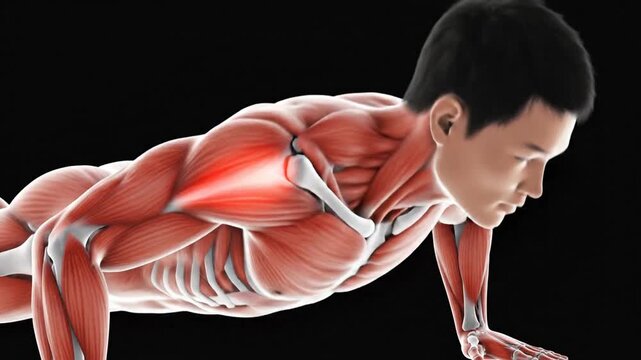 3D medical illustration of male muscular system during push ups with highlighted triceps muscle on black background