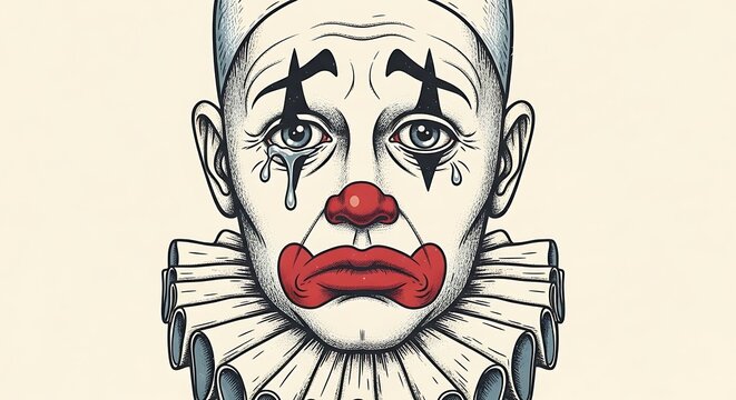 Sad Clown Face with Teardrops and Ruffled Collar