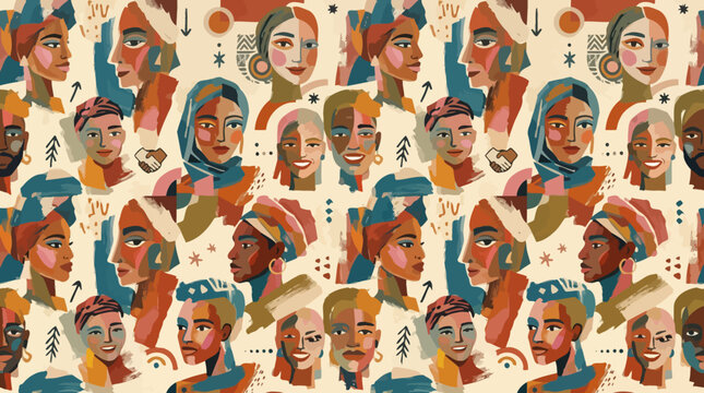 Vibrant seamless pattern illustration of diverse people wearing headscarves and hats