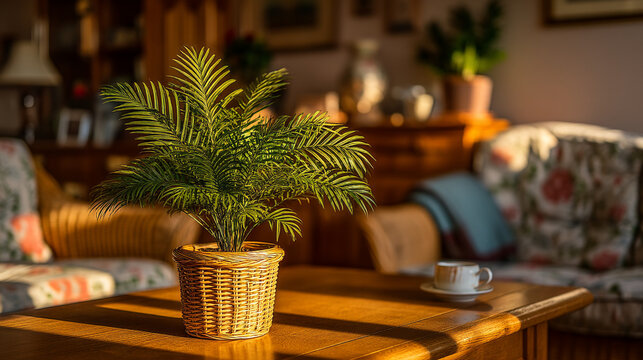 Potted norfolk island pine plant in woven basket on wooden coffee table in cozy living room