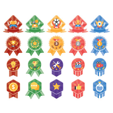 Modern achievement badges collection and reward medal mascot illustration set. Vibrant flat vector graphics for educational gamification, employee recognition programs and fitness app milestones.