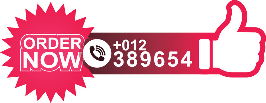 Order now! Modern label with ribbon and thumbs up. Suitable for banners, phone numbers, icons, stickers, logos. Vector Illustration web banner template