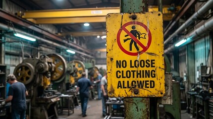 Fototapeta premium Warning sign prohibits loose clothing in industrial factory with machinery and workers, safety rules and regulations for workplace.