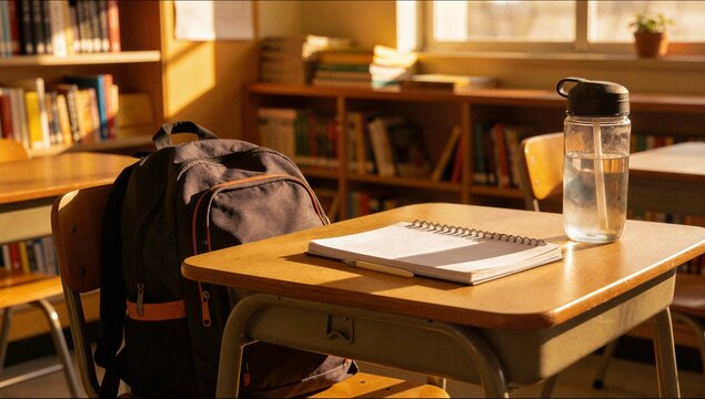 Classroom desk with backpack and notebook in sunset light ideal for education marketing and student life social media