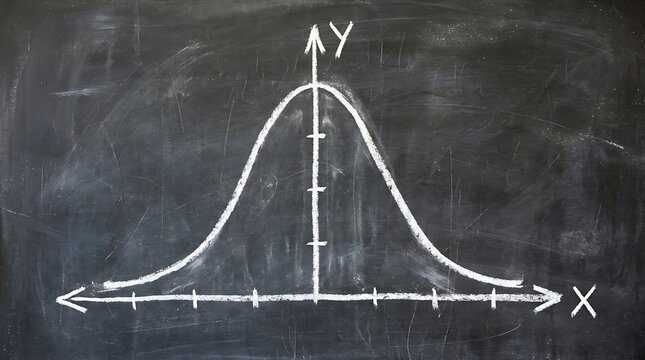 normal distribution curve graphed on blackboard illustrating concept of probability statistics and science.