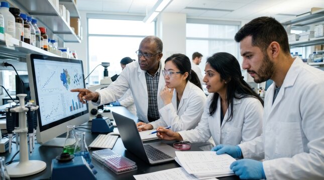 Three scientists collaborate intensely at a laboratory bench.