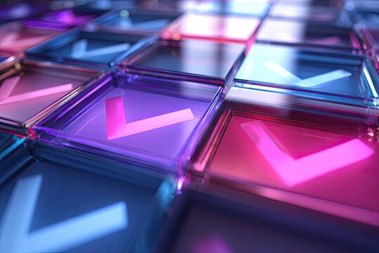 Grid of illuminated translucent squares with glowing checkmarks