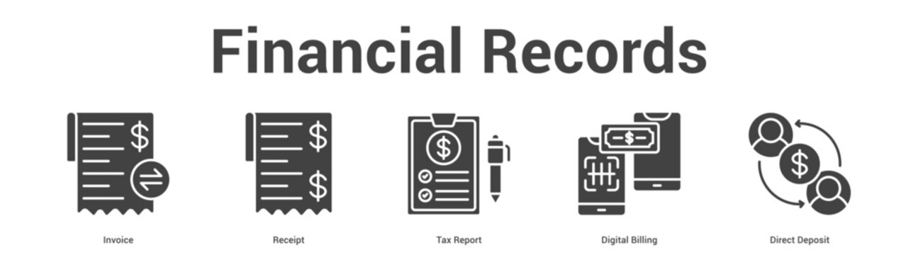 Financial Records web banner icon set vector illustration concept for business with icon of Invoice, Receipt, Tax Report, Digital Billi.