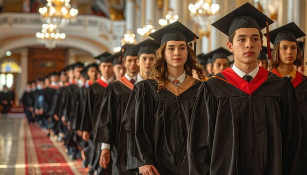 Diverse group of graduates in academic regalia marching in a procession.