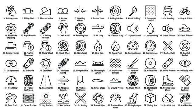 Collection of friction symbols and icons for industrial and mechanical concepts