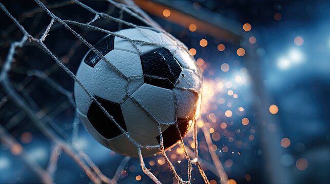 Soccer ball caught in net, sparks flying, goal illuminated