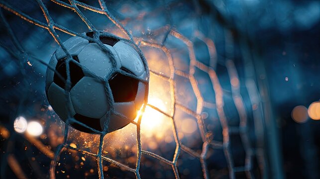 Soccer ball caught in net, illuminated by dramatic golden light