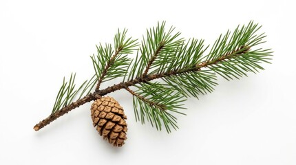 Fototapeta premium A pine branch with a pine cone rests on a white surface. The branch displays green needles and a brown cone.