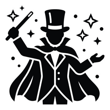 A silhouetted magician in a top hat and cape holding a wand with magical sparkles emanating from his open hand representing illusion and entertainment