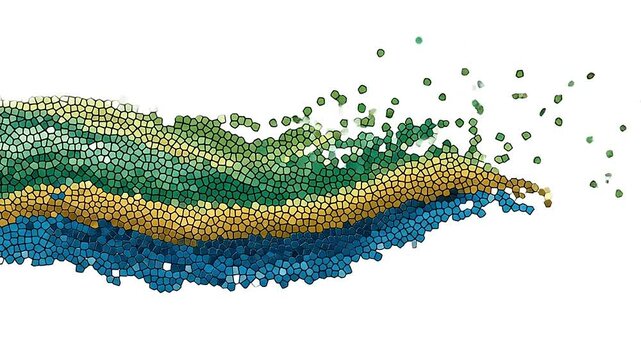 Abstract wave pattern composed of colorful mosaic tiles on a white background