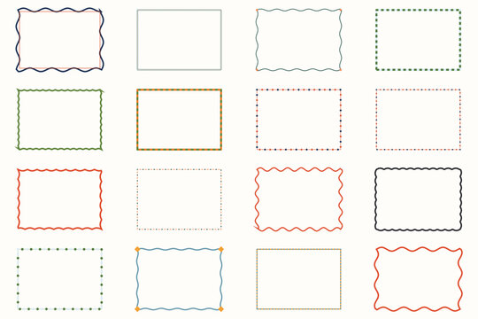 Collection of 12 rectangular decorative borders with wavy, dotted, and striped edges frame