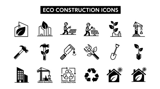 Eco Construction Icons: Green Building, Renewable Energy, Sustainability Symbols, and Tools