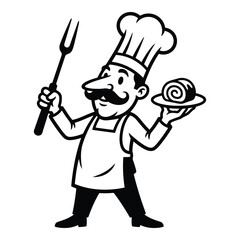 Naklejka premium Cartoon character chef with a distinctive mustache and chefs hat holding a carving fork and a plate with a rolled pastry isolated on a clean white background in a graphic illustration style
