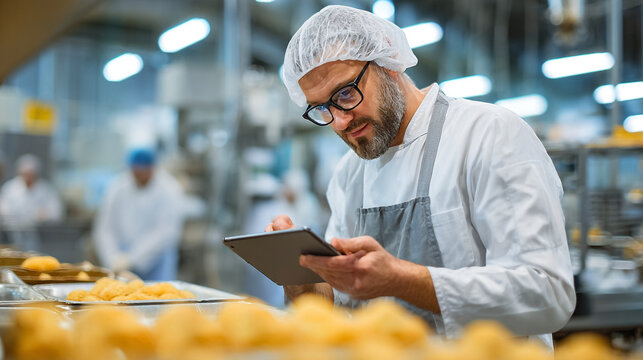 Supervisor in Food Production Facility Using Tablet Computer for Inventory Management.