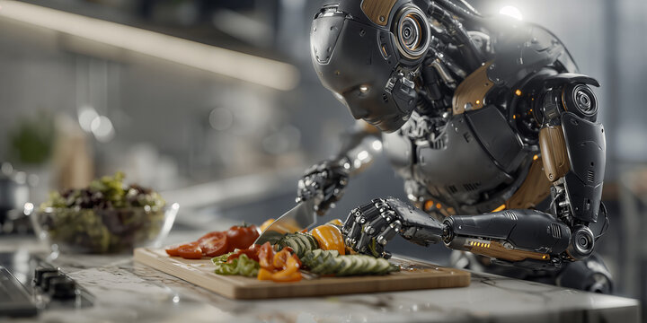 Robot technician honing skills in meticulous vegetable presentation during experimental cooking