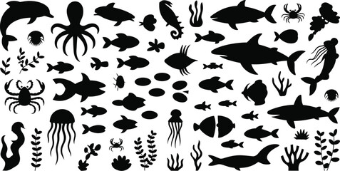 Black silhouette collection of marine life and aquatic plants © MDRAJU