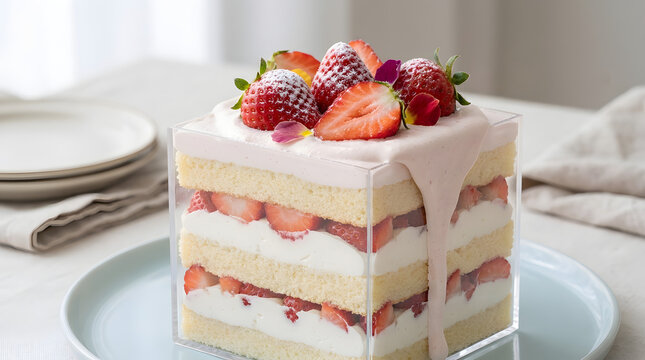 A layered cake with strawberries on top.