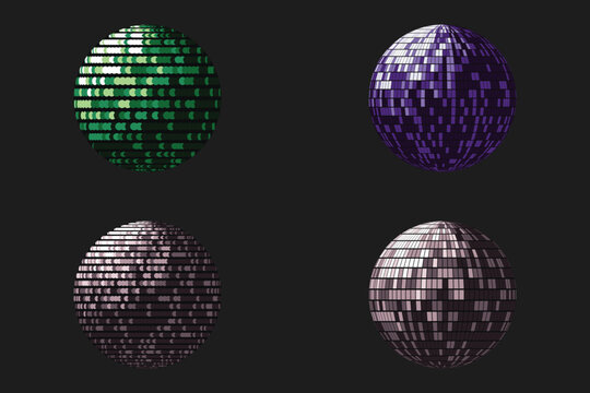 Four abstract spheres with pixelated and segmented patterns in green, purple, and pink hues