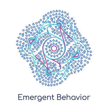 Emergent behavior icon, self organizing pattern, local rules forming order, complex systems summit, innovation research session, adaptive dynamics vector illustration