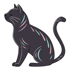 Black cat with pastel colored tribal patterns sitting. © Aja