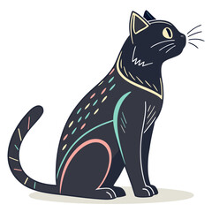 Black cat with colorful tribal patterns sitting side. © Aja