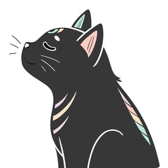 Simple black cat portrait with soft pastel lines. © Aja