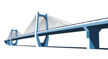 Fototapeta premium A modern blue cable-stayed bridge illustration with a white background, showcasing contemporary engineering and design.