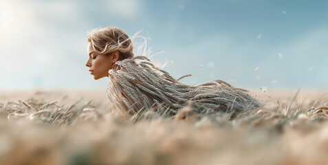 Obraz premium Serene female figure amidst golden crops. Peaceful woman reclining beneath sunlit wheat canopy