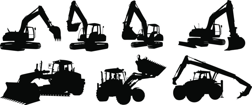 Collection of black excavator and loader silhouettes