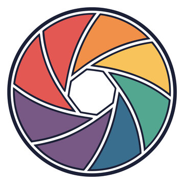 Colorful camera aperture with a white hexagonal center.