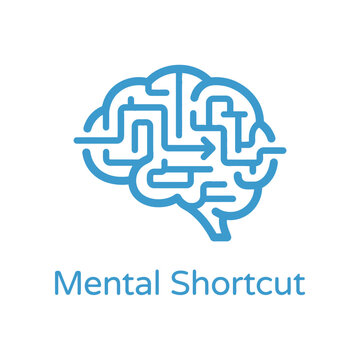 Mental shortcut brain icon, simplified path inside head outline, fast thinking seminar graphic, heuristic decision session, behavioral science vector illustration