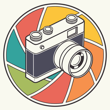 Retro camera in a colorful aperture design circle.
