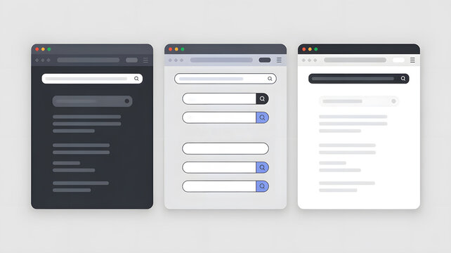 Three mobile devices with different colored screens and ui elements on a light gray background