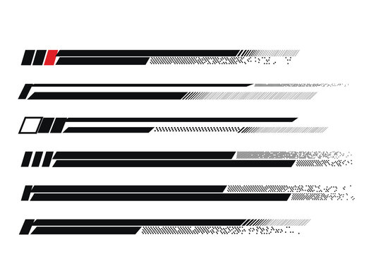 Collection of black, white, and red car decal stripes with various patterns and