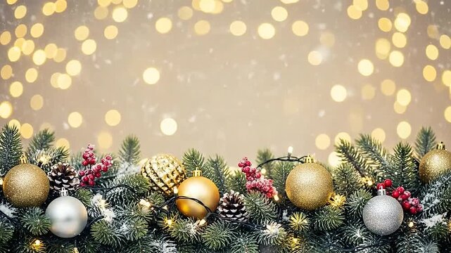 Festive holiday background with golden ornaments and pine branches