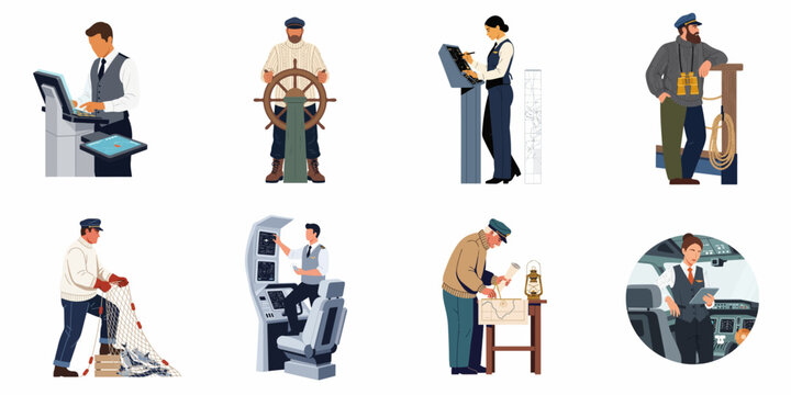 Set of flat illustrations featuring various maritime and aviation professions, including ship captains, fishermen, and pilots at work in various settings.